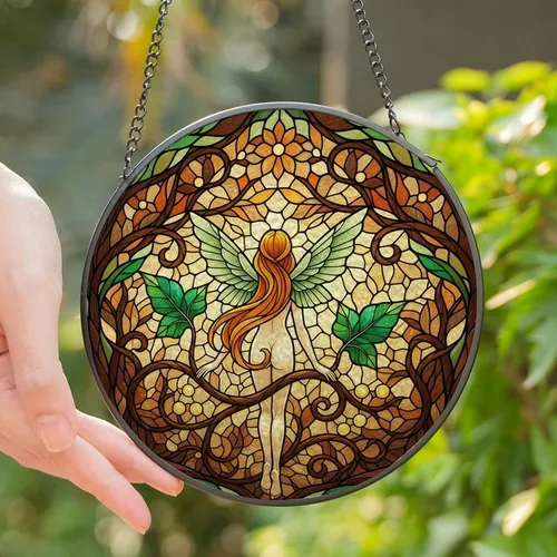 Fantasy Art Lovers' Tiffany Style Stained Glass Fairy Amber Hair Emerald Green Forest Mosaic Stained Glass Suncatcher
