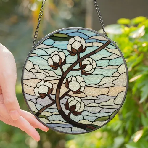 Art & Nature Lovers' Tiffany Stained Glass Cotton Bolls & Sky Mosaic Jewel Tone Design Stained Glass Suncatcher