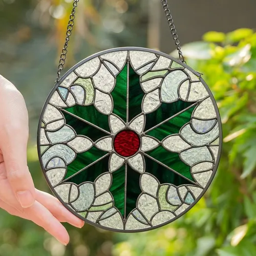 Art Lovers' 8K Detailed Tiffany Stained Glass Ruby Berry Emerald Holly Frost Mosaic Stained Glass Suncatcher