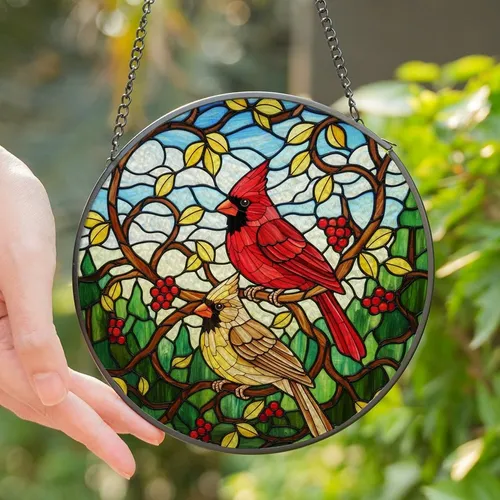 Nature Lovers' Intricate Stained Glass Cardinal Pair Jewel Tone Woodland Mosaic Art Stained Glass Suncatcher
