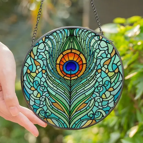 Art Lovers' Vibrant Tiffany Style Stained Glass Peacock Feather Mosaic Art Stained Glass Suncatcher