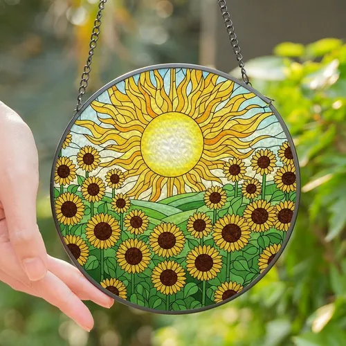 Vibrant Style Seekers' Tiffany Stained Glass Sun Sunflower Radiant Yellow Orange Mosaic Stained Glass Suncatcher