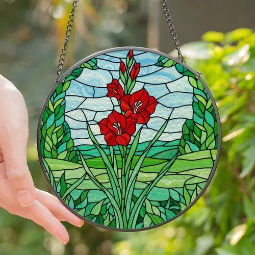 Art Lovers' Vibrant Red Gladiolus Tiffany Style Stained Glass Floral Mosaic in Lime Green, Aqua Blue Stained Glass Suncatcher