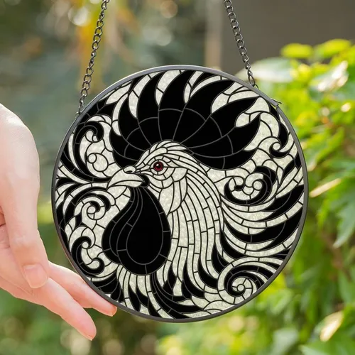 Art Lovers' Dynamic Rooster Profile Tiffany Style Stained Glass Intricate Geometric Mosaic Black White Jewel Tones Stained Glass Suncatcher