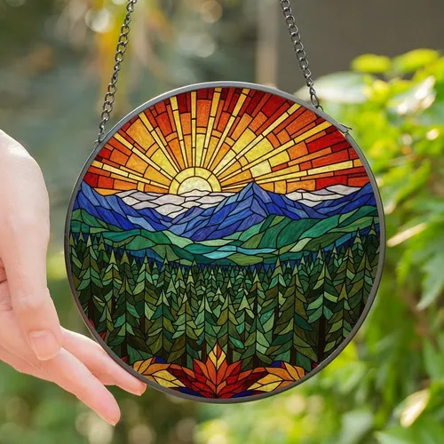 Nature Lovers' Radiant Stained Glass Sun Mountain Forest Landscape Jewel Tone Mosaic Pattern Stained Glass Suncatcher