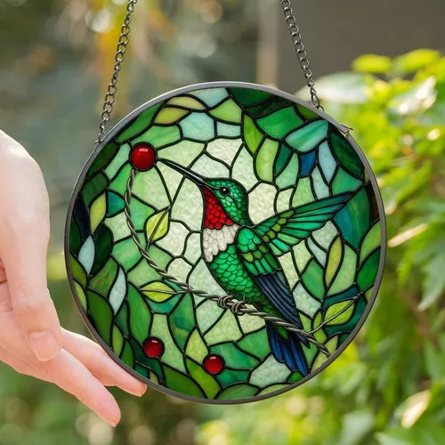 Nature Lovers' Vibrant Tiffany Stained Glass Hummingbird Emerald Ruby Indigo Jewel Tone Mosaic Art Stained Glass Suncatcher