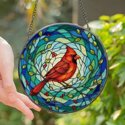 Nature Lovers' Vibrant Red Cardinal Tiffany Stained Glass Mosaic Art with Silver Branches, Translucent Jewel Tones, Blue Green Swirling Patterns Stained Glass Suncatcher