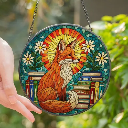 Nature & Book Lovers' Intricate Stained Glass Fox, Colorful Books & Daisies, Radiating Jewel Tone Mosaic Stained Glass Suncatcher