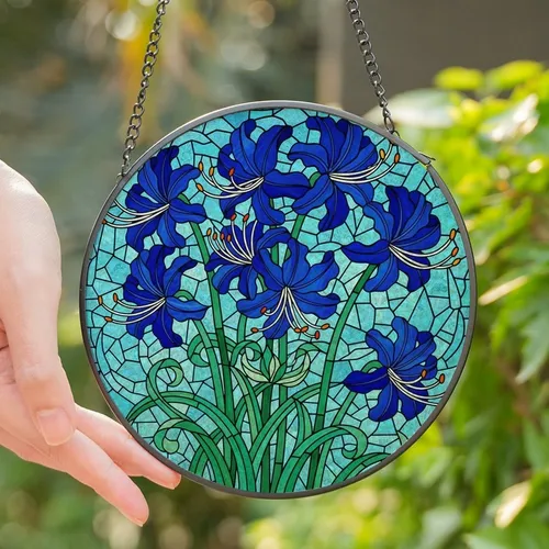 Nature Lovers' Intricate Tiffany Style Sapphire Blue Spider Lily Emerald Teal Floral Mosaic Stained Glass Suncatcher