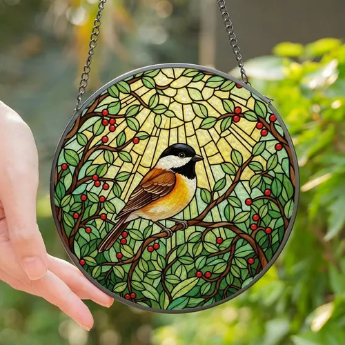 Nature Lovers' Intricate Tiffany Stained Glass Songbird Amber Emerald Ruby Jewel Tone Forest Mosaic Stained Glass Suncatcher