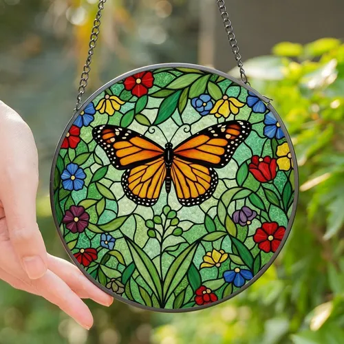 Nature Lovers' Glowing Stained Glass Monarch Butterfly Jewel Tone Garden Floral Mosaic Stained Glass Suncatcher