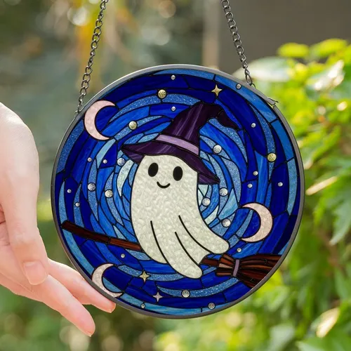 Whimsical Charm Enthusiasts Intricate Stained Glass Ghost Witch Hat Celestial Pattern Stained Glass Suncatcher