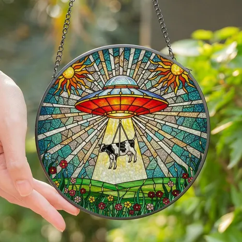 Sci-Fi Art Lovers' Vibrant Tiffany Stained Glass UFO Cow Abduction Cosmic Mosaic Design Stained Glass Suncatcher