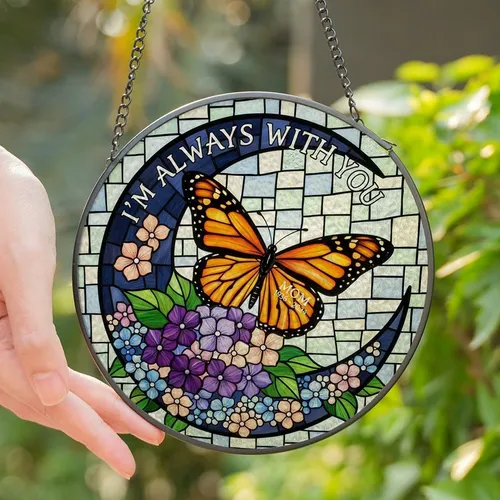 Art & Nature Lovers' Vibrant Tiffany Stained Glass Monarch Butterfly & Hydrangea Crescent Moon Stained Glass Suncatcher