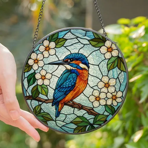Art Enthusiasts' Intricate Stained Glass Kingfisher Bird Blue Orange Floral Pattern Stained Glass Suncatcher