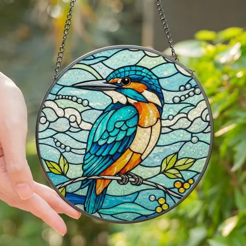 Nature Lovers' Intricate Stained Glass Kingfisher Teal Blue Orange Jewel Tone Mosaic Stained Glass Suncatcher