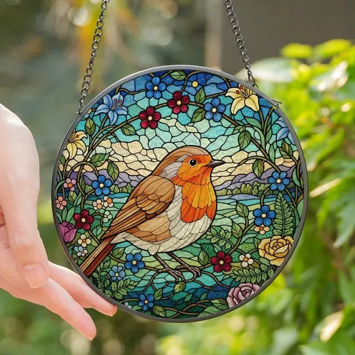 Nature Lovers' Tiffany Stained Glass European Robin Bird Mosaic with Vibrant Orange & Peach Floral Garden Stained Glass Suncatcher