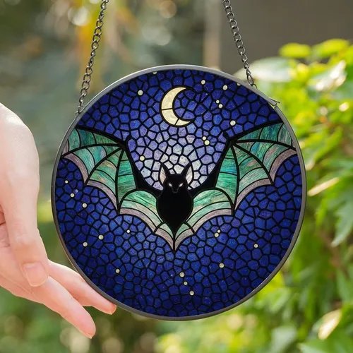 Art & Nature Enthusiasts' Tiffany Style Stained Glass Bat Iridescent Wings Deep Blue Purple Night Sky Mosaic Stained Glass Suncatcher