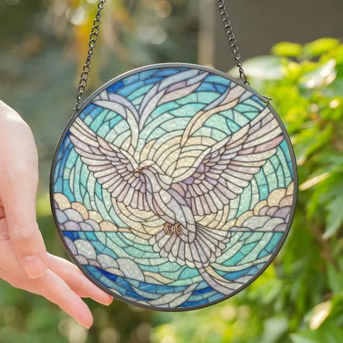 Art & Nature Lovers' Tiffany Style Stained Glass Peace Dove Iridescent Pink Lavender Blue Sky Mosaic Pattern Stained Glass Suncatcher