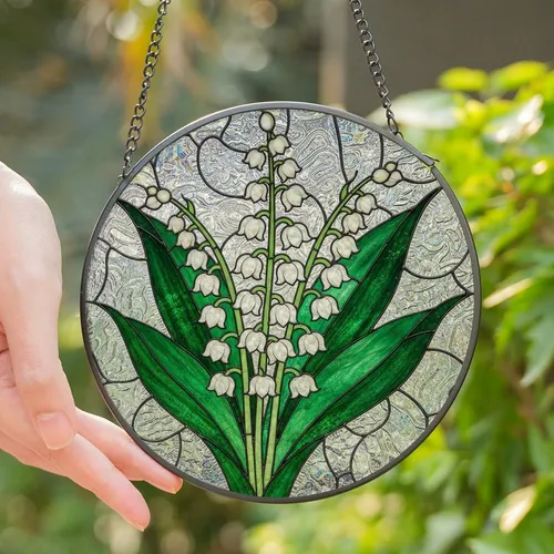 Nature Lovers' Radiant White Emerald Green Lily of the Valley Tiffany Stained Glass Floral Mosaic Pattern Stained Glass Suncatcher