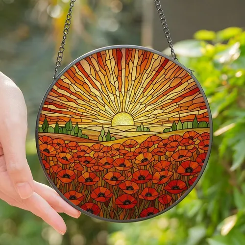 Nature Lovers' Vibrant Tiffany Stained Glass Orange Red Poppy Golden Sun Sunrise Art Stained Glass Suncatcher