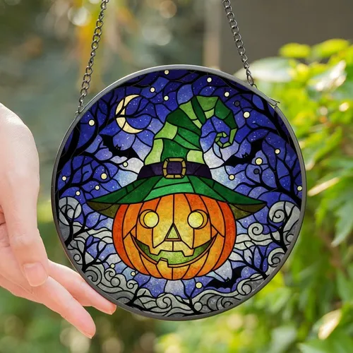 Halloween Enthusiasts' Grinning Jack-o'-Lantern Witch Hat Vibrant Tiffany Stained Glass Forest Night Mosaic Stained Glass Suncatcher