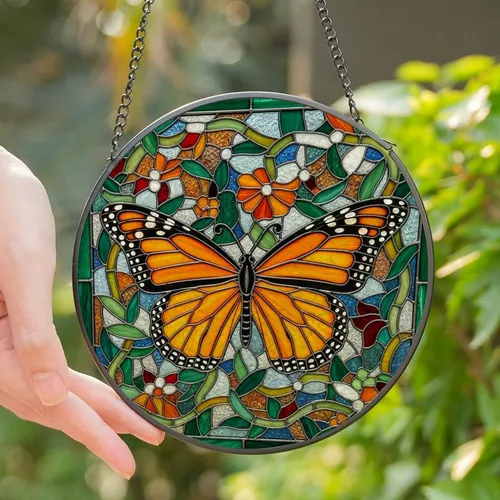 Nature Lovers' Tiffany Stained Glass Monarch Butterfly Orange Emerald Green Intricate Botanical Mosaic Stained Glass Suncatcher