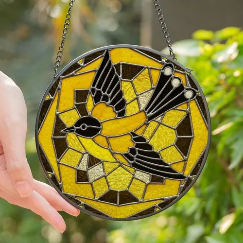 Art Lovers' Vibrant Yellow Black Stained Glass Style Bird Intricate Mosaic Jewel Tone Art Stained Glass Suncatcher