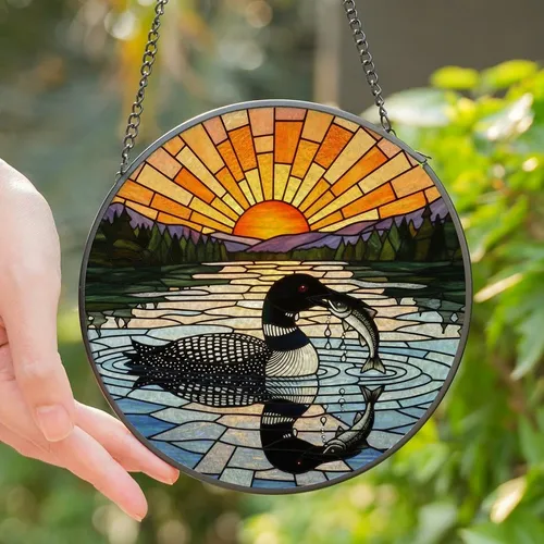 Nature Lovers' Majestic Stained Glass Loon, Fiery Jewel Tone Sunrise Lake & Forest Art Stained Glass Suncatcher