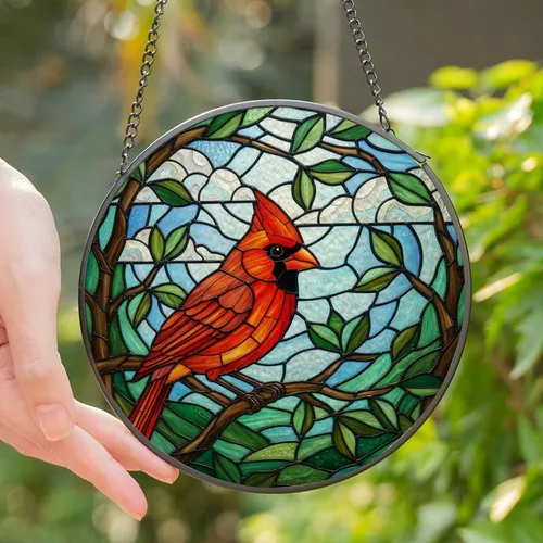 Nature Lovers' Tiffany Style Scarlet Cardinal Stained Glass Forest Canopy Mosaic Stained Glass Suncatcher
