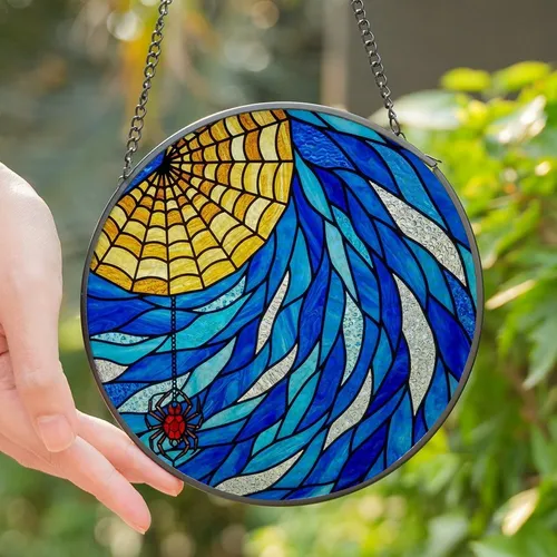 Art & Nature Lovers' High Contrast Tiffany Stained Glass Spider Web Red Golden Iridescent Blue Mosaic Stained Glass Suncatcher