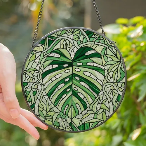 Nature Lovers' Tiffany Stained Glass Monstera Leaf Emerald Variegated Tropical Jewel Tone Intricate Botanical Mosaic Stained Glass Suncatcher