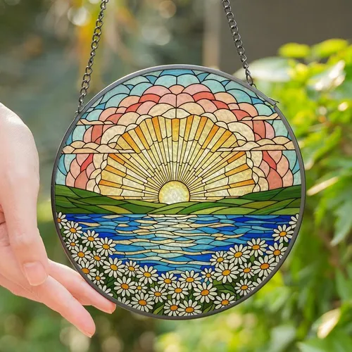 Nature Lovers' Intricate Tiffany Stained Glass Sun & Daisy Mosaic Art with Jewel Tones Stained Glass Suncatcher