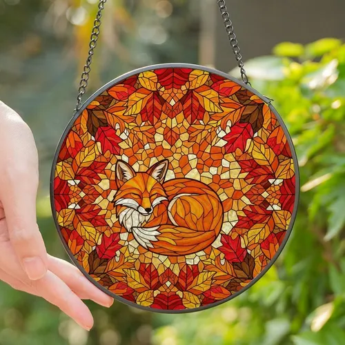 Nature Lovers' Tiffany Stained Glass Sleeping Fox Autumn Leaves Mosaic Pattern Stained Glass Suncatcher