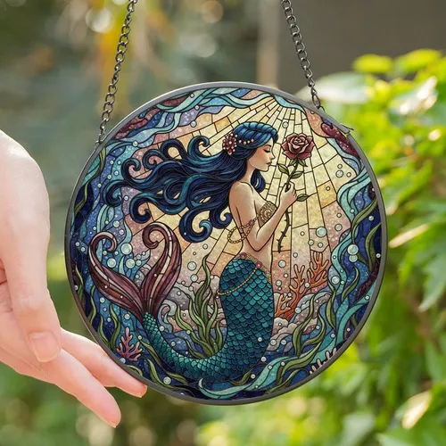 Fantasy Art Lovers' Tiffany Stained Glass Mermaid Indigo Teal Ruby Purple Ocean Current Mosaic Stained Glass Suncatcher