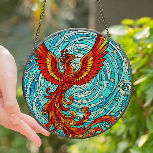Mythology Enthusiasts' Fiery Phoenix Tiffany Glass Celestial Jewel Tone Mosaic Art Stained Glass Suncatcher