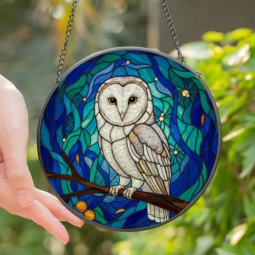Nature Lovers' White Barn Owl Stained Glass Deep Blue Emerald Swirls Orange Berries Stained Glass Suncatcher