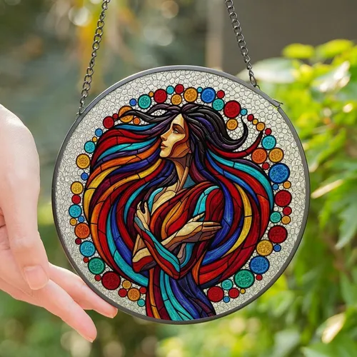 Art Lovers' Vibrant Tiffany Stained Glass Abstract Figure Jewel Tone Curvilinear Mosaic Stained Glass Suncatcher
