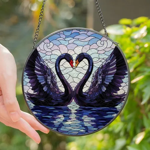 Art Lovers' Tiffany Stained Glass Black Swans Heart Teal Purple Pink Water Sky Stained Glass Suncatcher