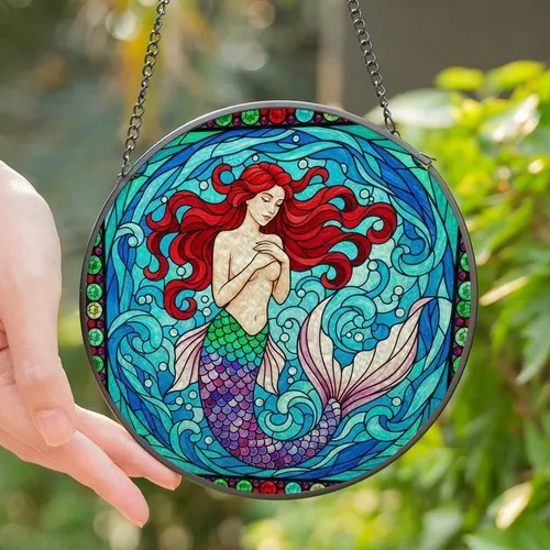 Women's Tiffany-Style Stained Glass Mermaid, Red Hair, Iridescent Tail, Jewel Tone Ocean Mosaic Stained Glass Suncatcher