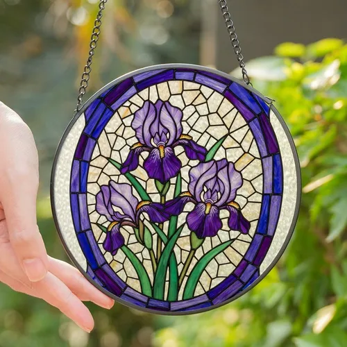 Nature Lovers' Tiffany Stained Glass Purple Iris Emerald Green Floral Mosaic Pattern Stained Glass Suncatcher