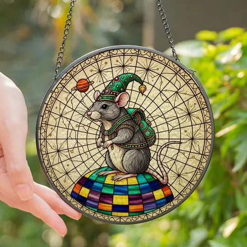 Fantasy Art Enthusiasts' Whimsical Rat Ornate Stained Glass Cosmic Chart Jewel Tone Mosaic Stained Glass Suncatcher