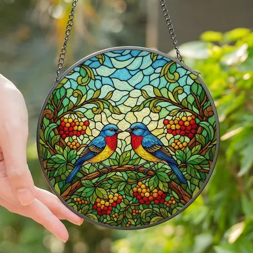 Nature Lovers' Vibrant Tiffany Stained Glass Songbirds Branch Mosaic Design in Jewel Tones Stained Glass Suncatcher