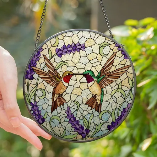Nature Lovers' Vibrant Stained Glass Hummingbirds Lavender Ruby Emerald Violet Mosaic Stained Glass Suncatcher