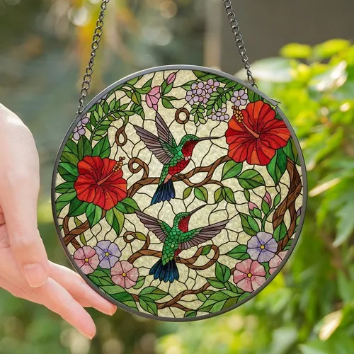 Nature Lovers' Intricate Stained Glass Ruby Hummingbirds Hibiscus Bloom Green Foliage Mosaic Stained Glass Suncatcher