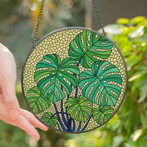 Plant Lovers' Vibrant Emerald Teal Indigo Cream Stained Glass Monstera Deliciosa Lush Fenestrated Leaves Intricate Mosaic Stained Glass Suncatcher