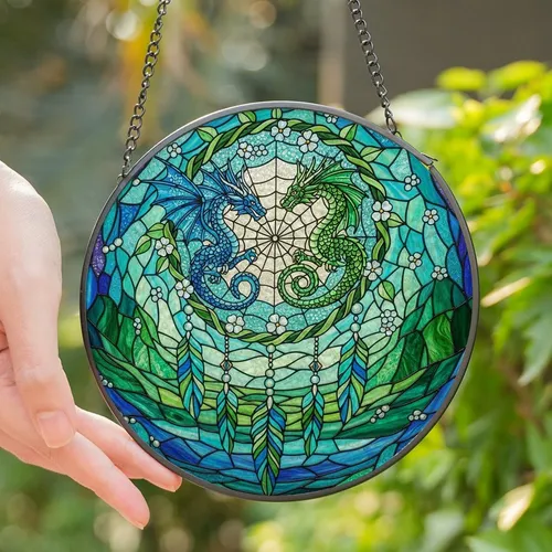 Fantasy Art Lovers' Vibrant Tiffany Stained Glass Serpentine Dragons Dreamcatcher Celestial Mosaic Stained Glass Suncatcher
