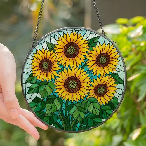 Art Lovers' Intricate Golden Sunflowers Emerald Leaves Stained Glass Mosaic Stained Glass Suncatcher