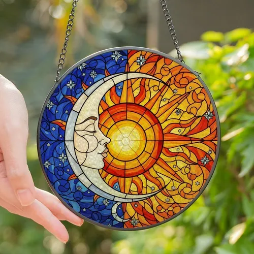 Celestial Enthusiasts Tiffany Stained Glass Moon Sun Kiss Mosaic Pattern Vibrant Blue Orange Yellow Stained Glass Suncatcher