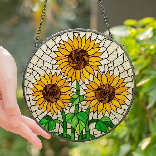 Art Enthusiasts' Vibrant Stained Glass Sunflowers Yellow Green Tiffany Style Mosaic Art Stained Glass Suncatcher
